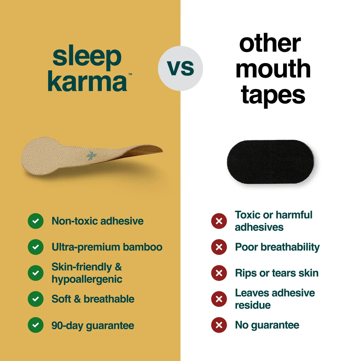 Sleep Karma vs other mouth tapes — non-toxic, ultra-premium bamboo, 90-day guarantee