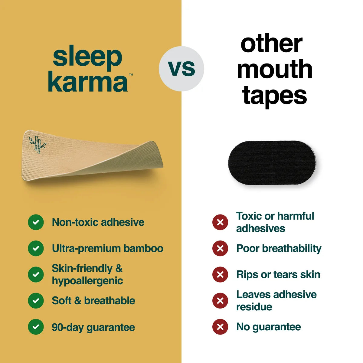 Sleep Karma vs other mouth tapes — non-toxic, ultra-premium bamboo, 90-day guarantee