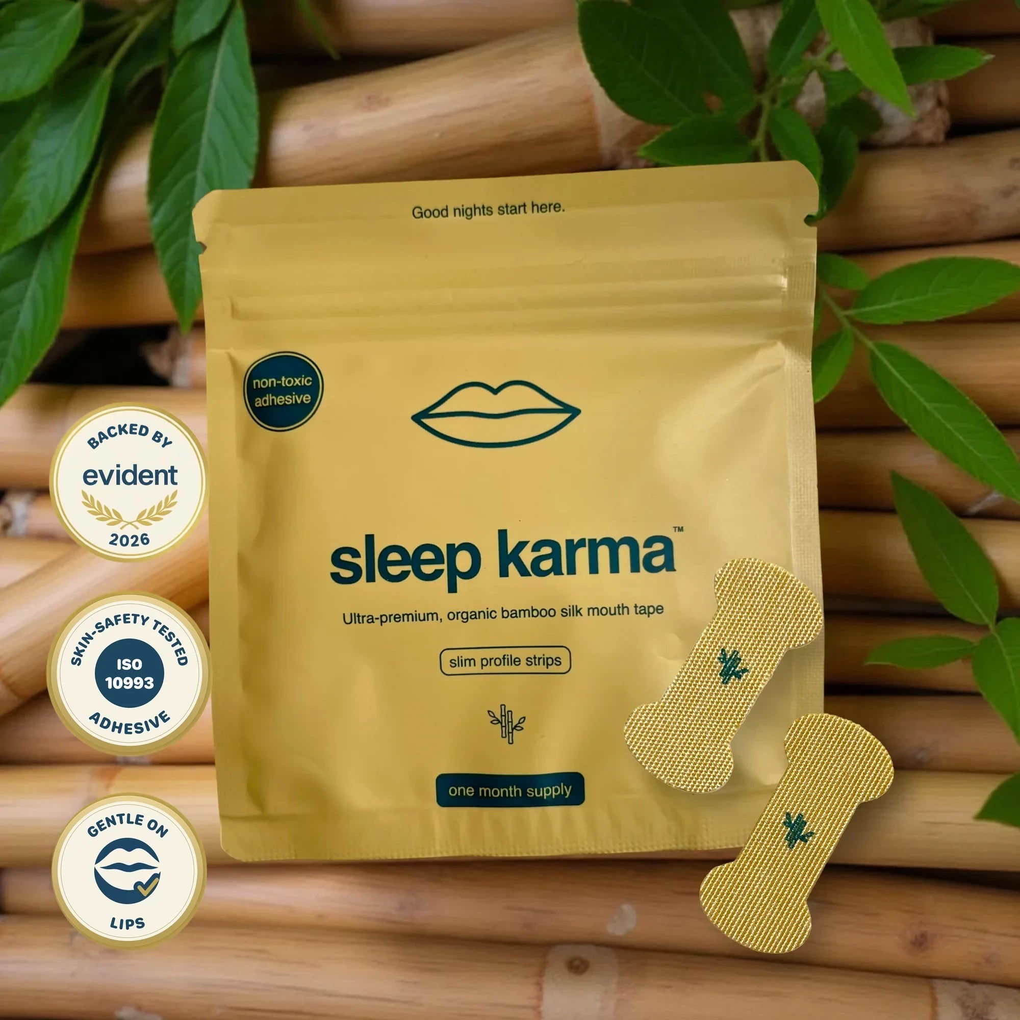 Sleep Karma Slim Profile mouth tape — packaging, product strips, and badges