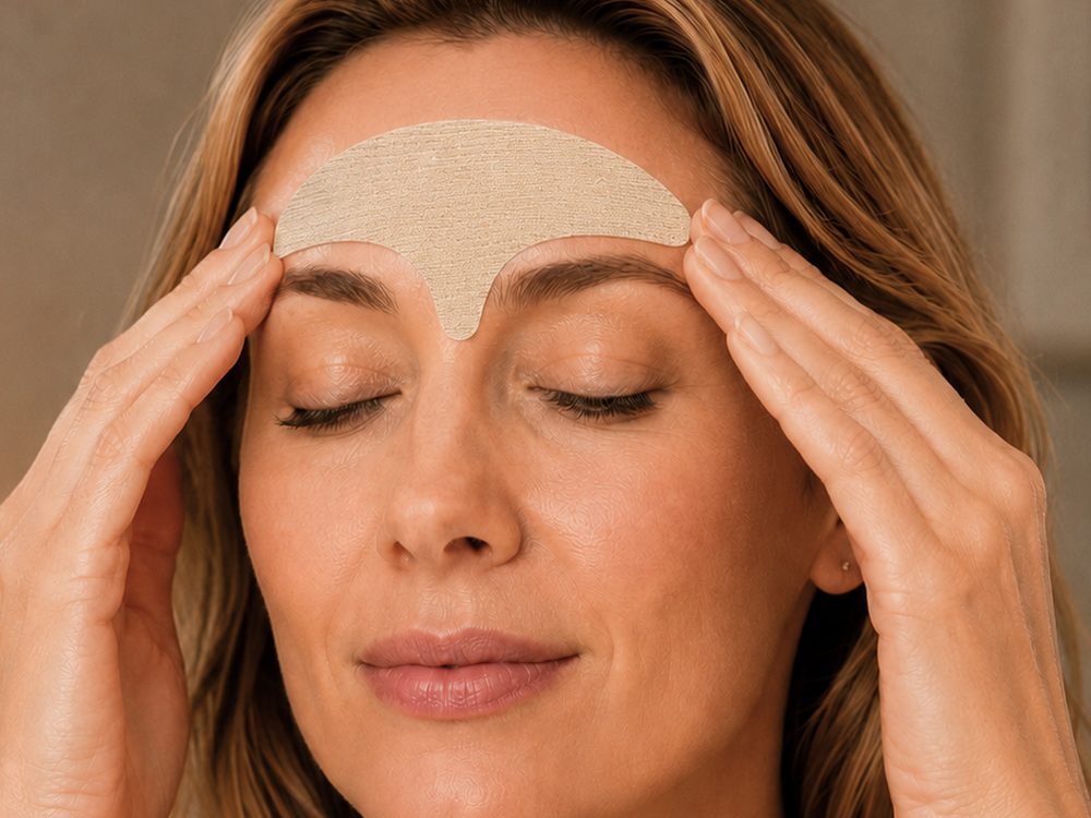 Step 2 — smoothing the patch onto the brow