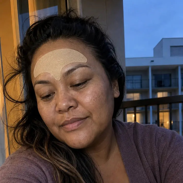 Naomi, wearing the wrinkle smoothing forehead tape