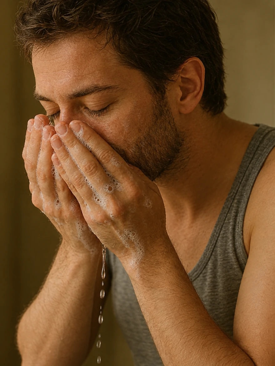 Man washing his face to clean and dry his skin before mouth tape