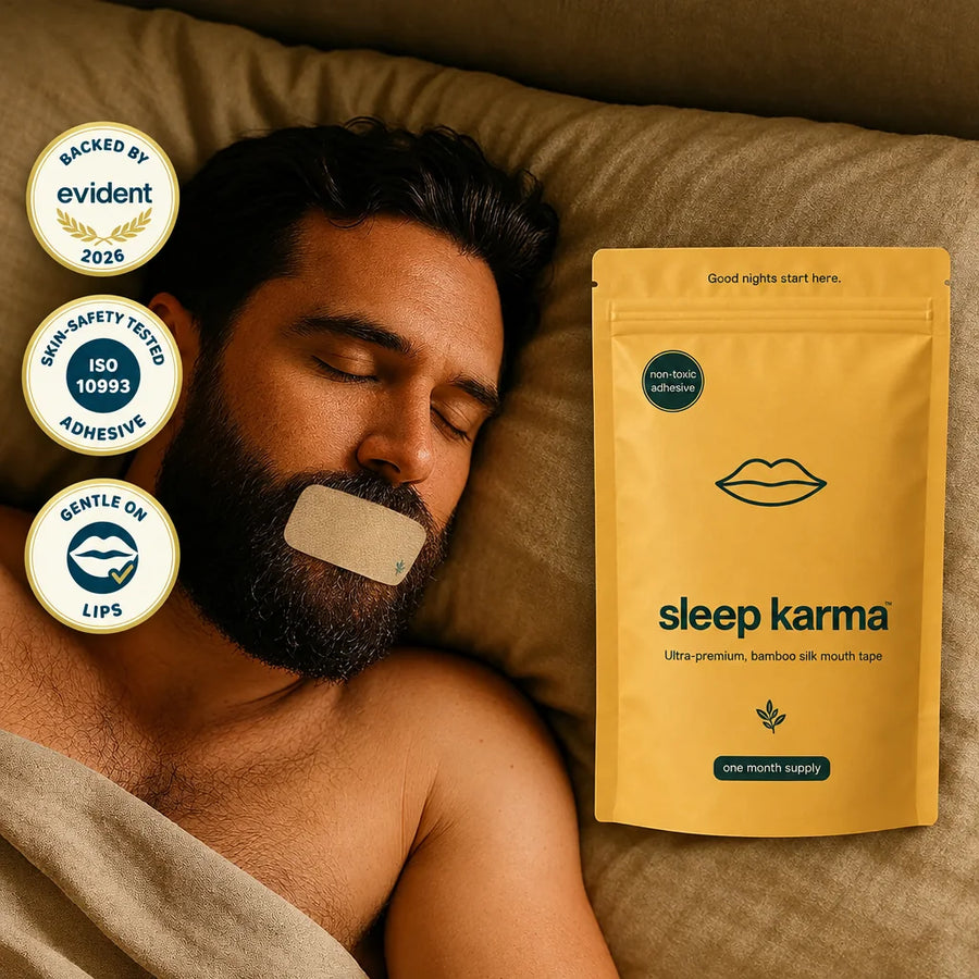 Bearded man sleeping with Sleep Karma mouth tape