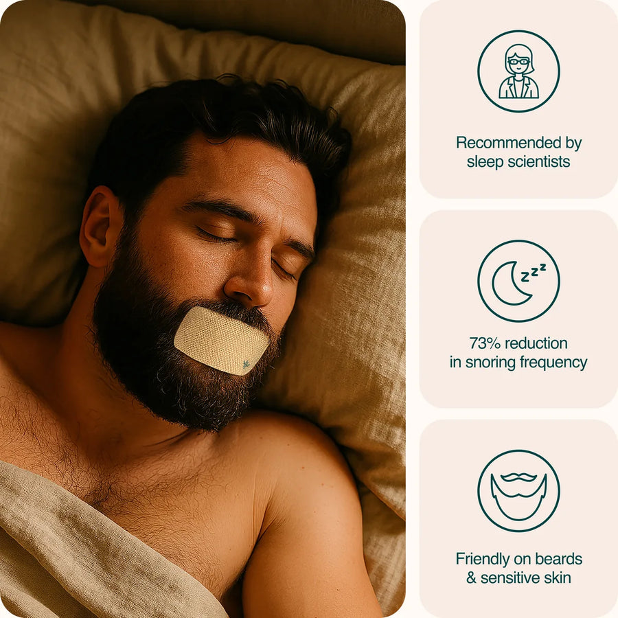Bearded man sleeping with Sleep Karma mouth tape