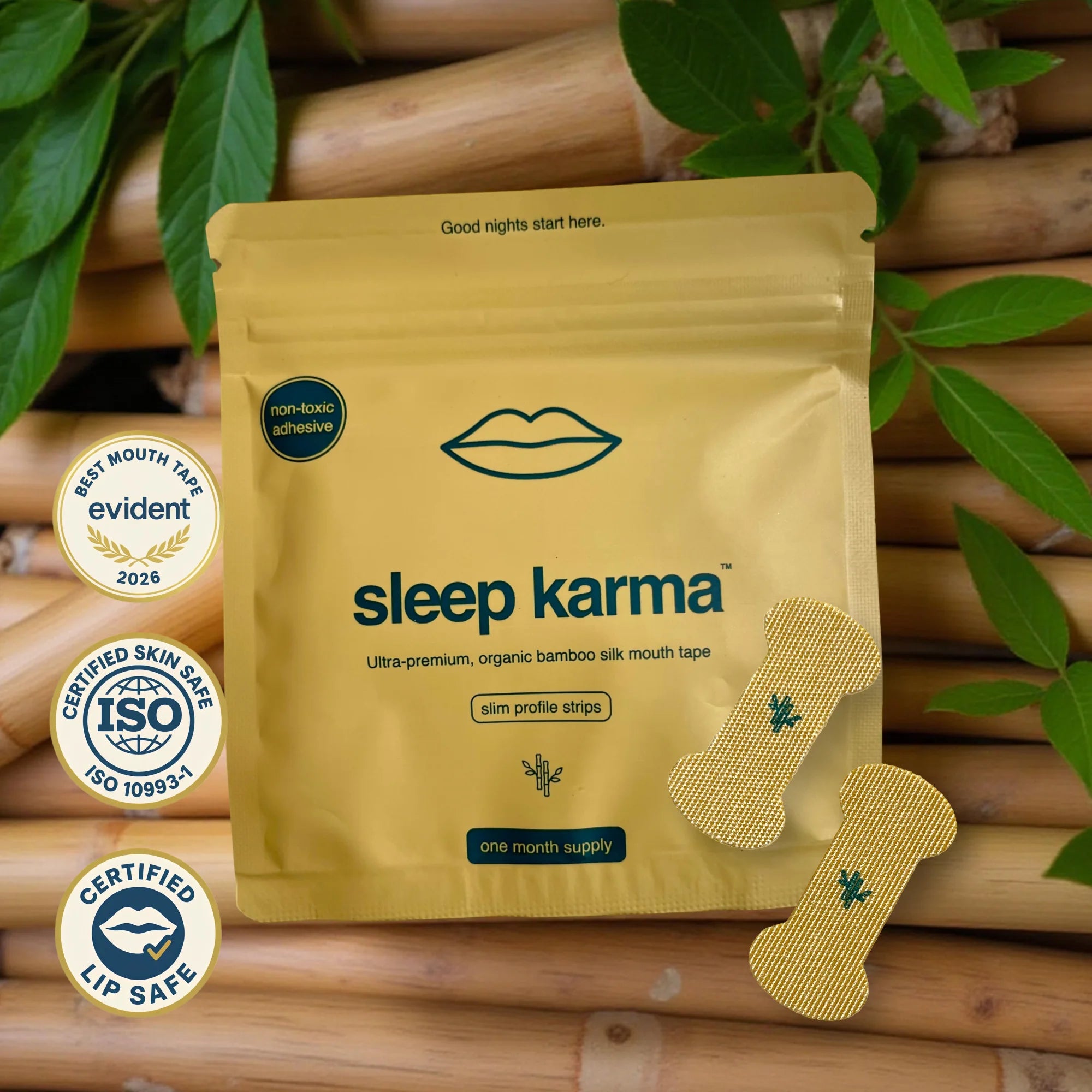 Sleep Karma Slim Profile mouth tape — packaging, product strips, and awards