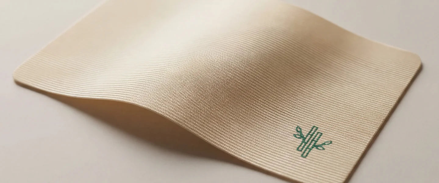 Sleep Karma bamboo silk mouth tape — woven texture macro shot with embossed bamboo logo