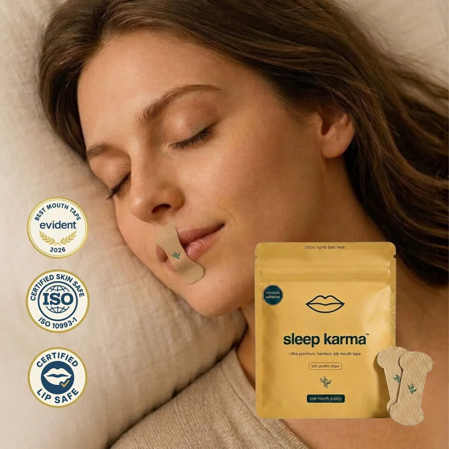 Sleep Karma slim profile mouth tape — worn
