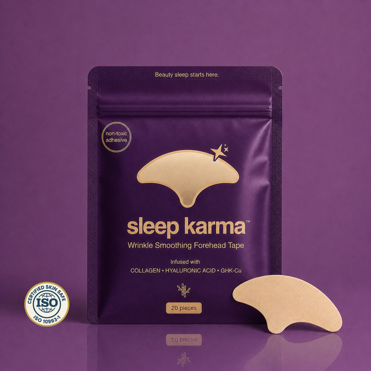 Sleep Karma Wrinkle Smoothing Forehead Tape — pouch, patch and certifications