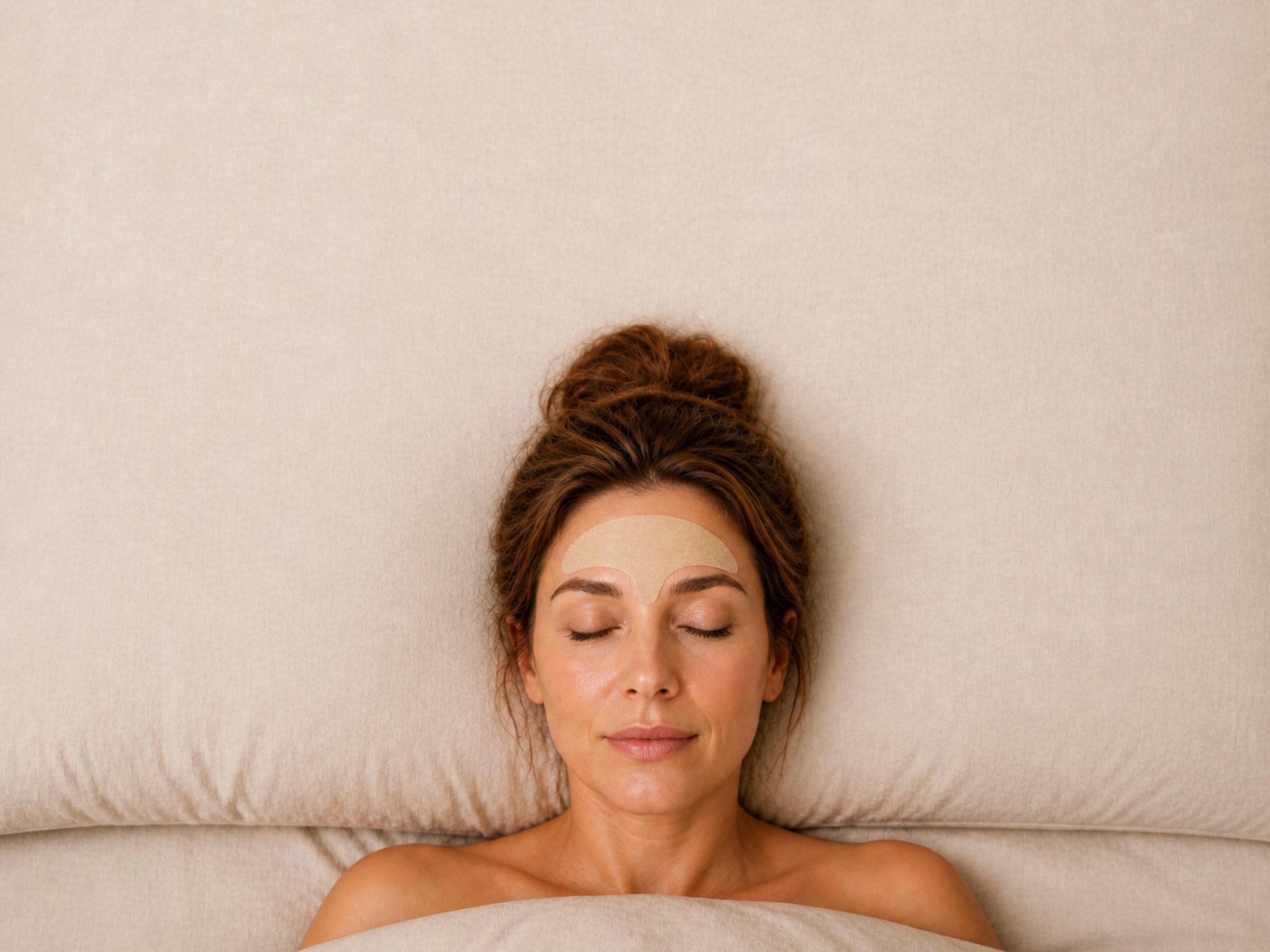A woman asleep on her back wearing the Sleep Karma wrinkle smoothing forehead tape