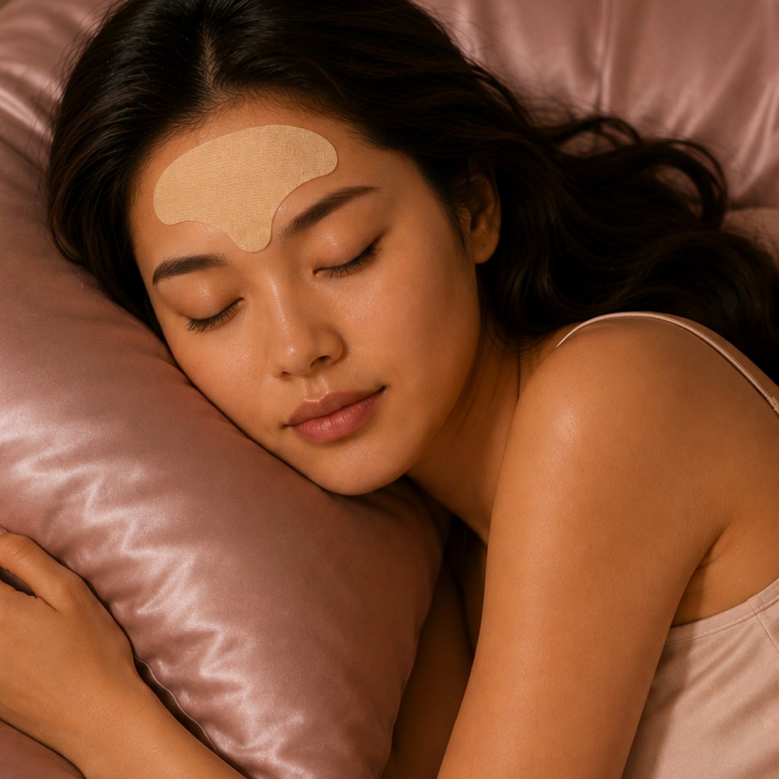 The wrinkle smoothing forehead tape worn across the brow while asleep