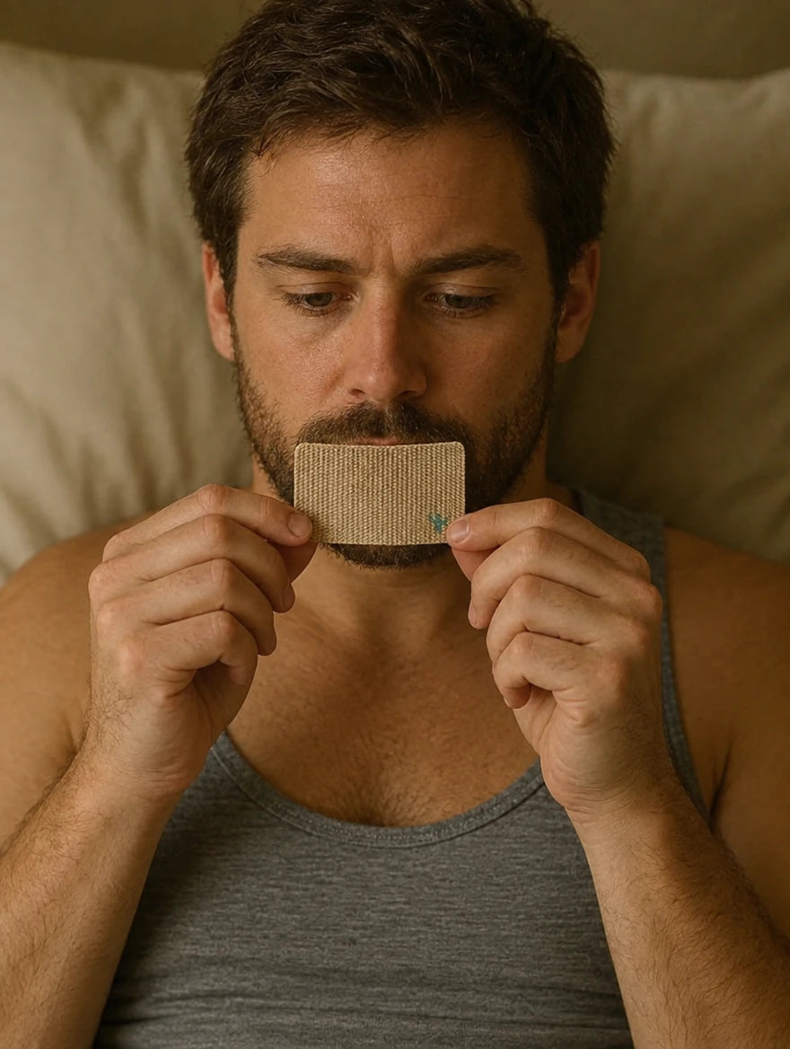 Bearded man holding Sleep Karma bamboo mouth tape