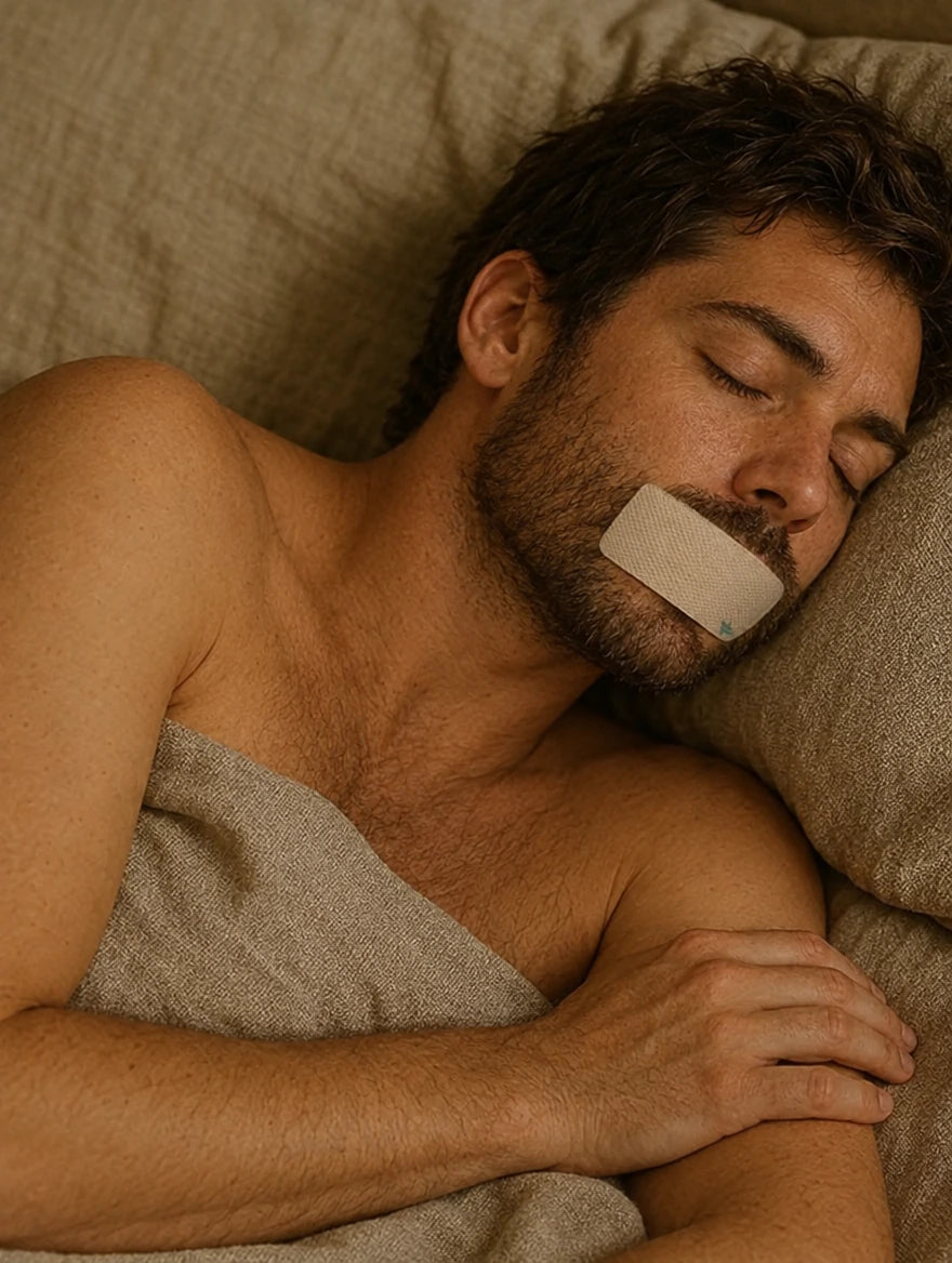Bearded man sleeping with mouth tape, breathing through his nose