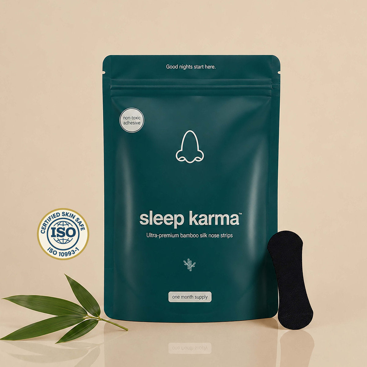 Sleep Karma bamboo silk nose strips — one month supply pouch with a single strip