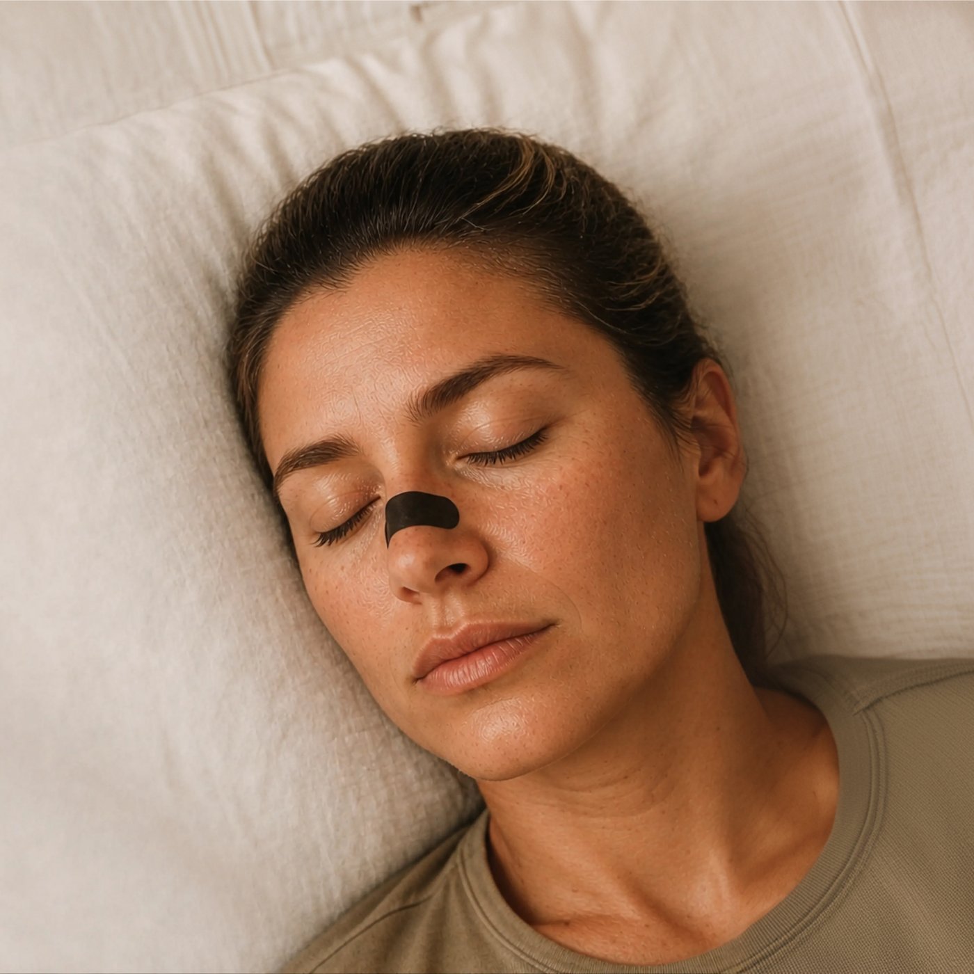 A woman asleep wearing a Sleep Karma nose strip