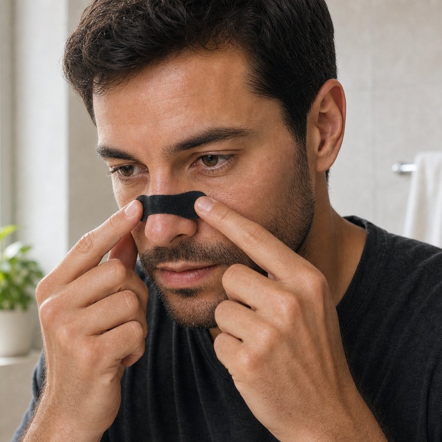 Step 2 — pressing the nose strip across the bridge of the nose