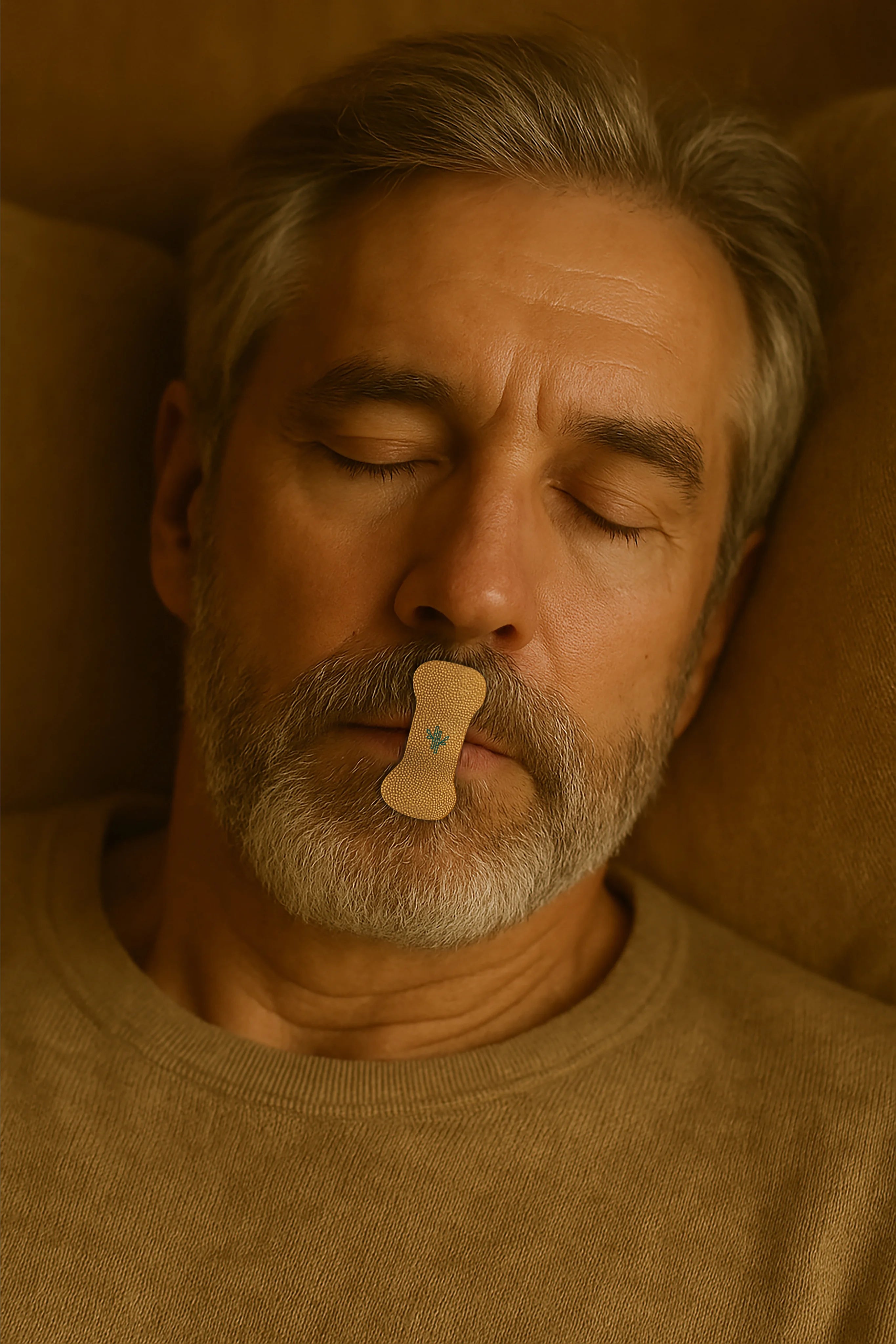 Man sleeping peacefully wearing Sleep Karma Slim Profile — a small center strip on the lips
