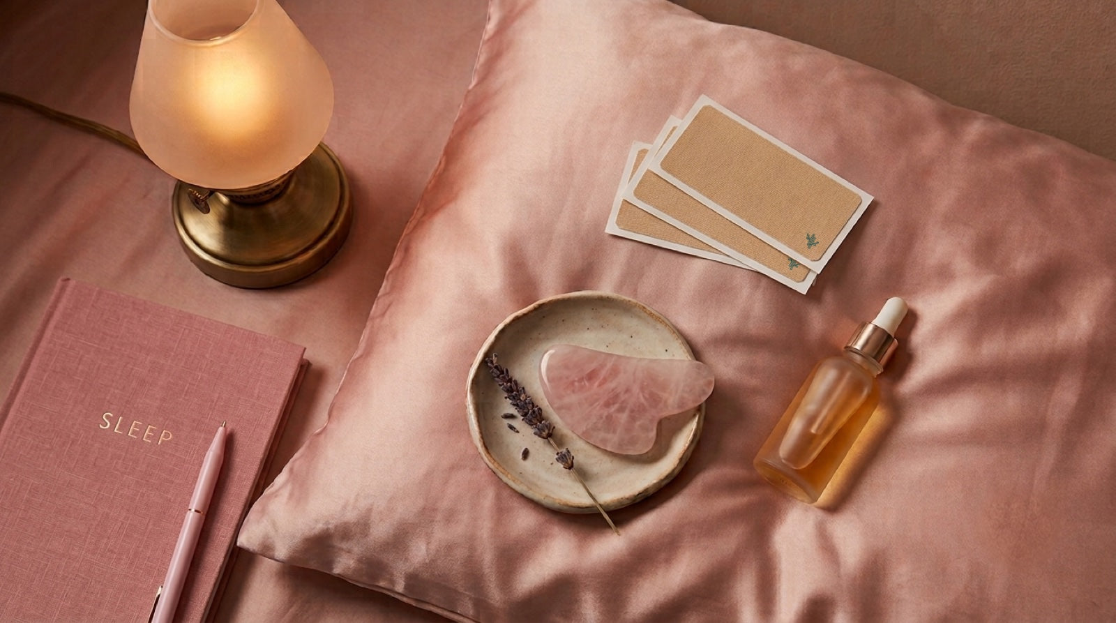 Sleep Karma bamboo mouth tape beside a nighttime skincare routine — gua sha, serum and a silk pillowcase